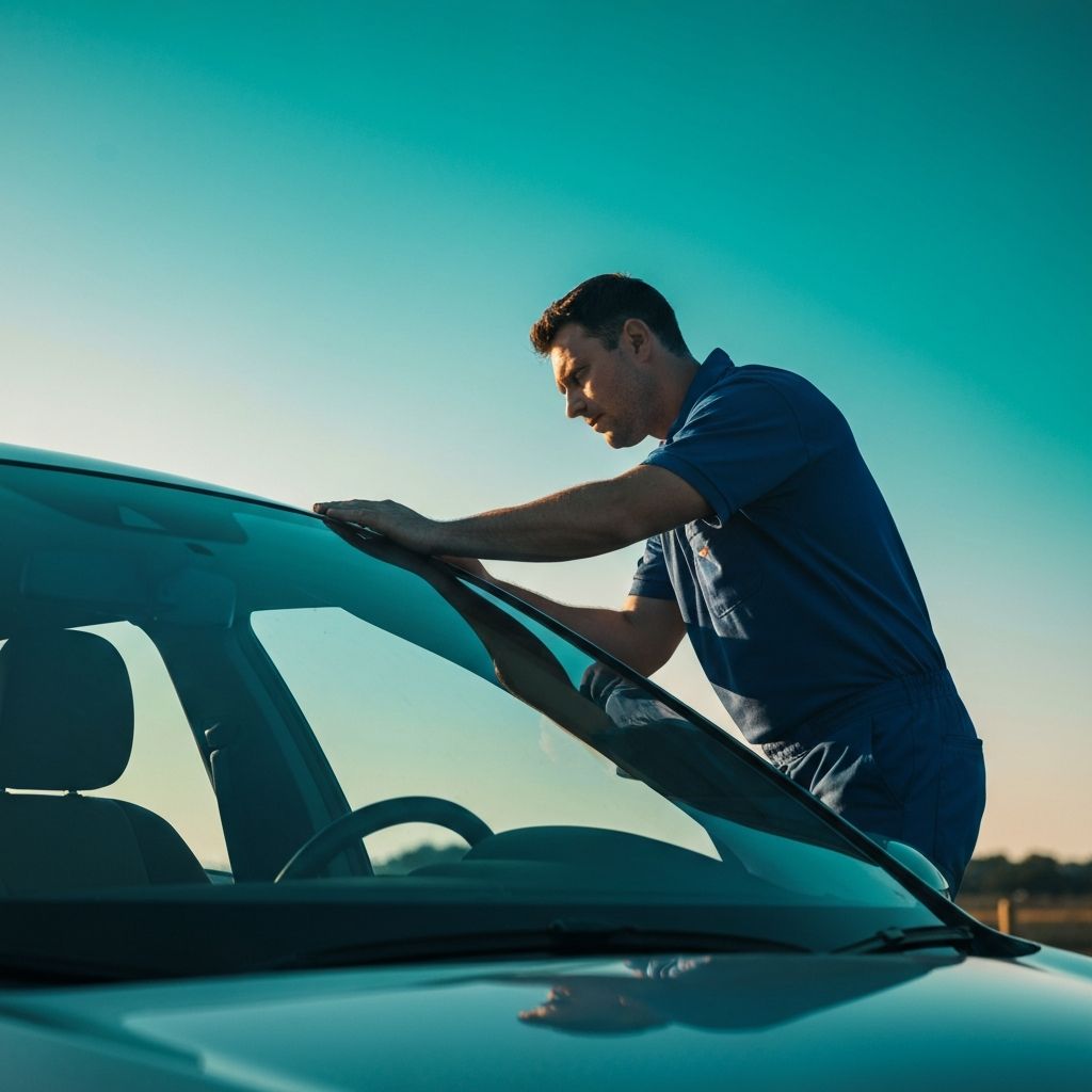 Professional auto glass technician installing windshield